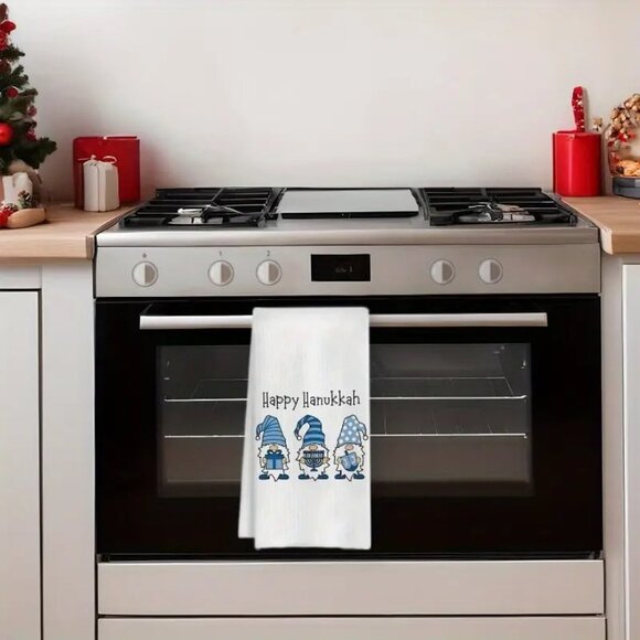 Happy Hanukkah Blue Gnomes Chanukah Menorah Kitchen Towel 18x26" Decor Gift - Picture 3 of 5